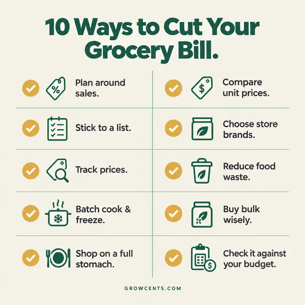 Infographic checklist of 10 practical ways to cut a grocery bill, from meal planning to comparing unit prices