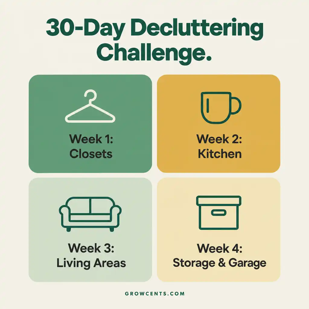 Infographic showing the four weekly focus areas of a 30-day decluttering-to-cash challenge