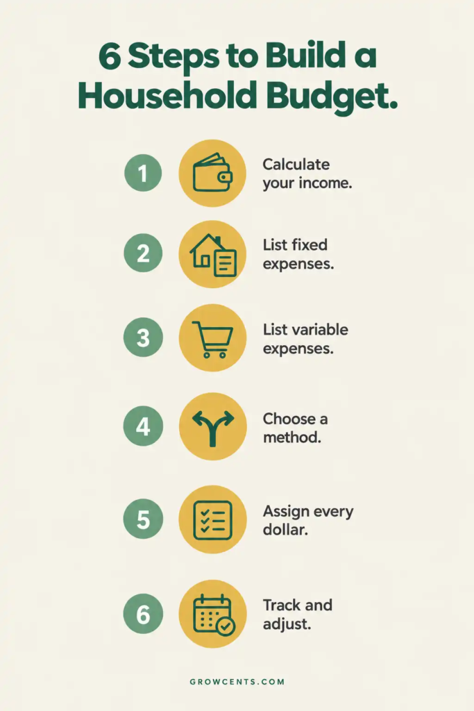 Infographic showing the 6 steps to build a household budget, from calculating income to tracking and adjusting monthly