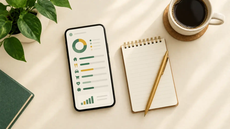 Smartphone showing a simple budget screen beside a notebook and pen on a desk