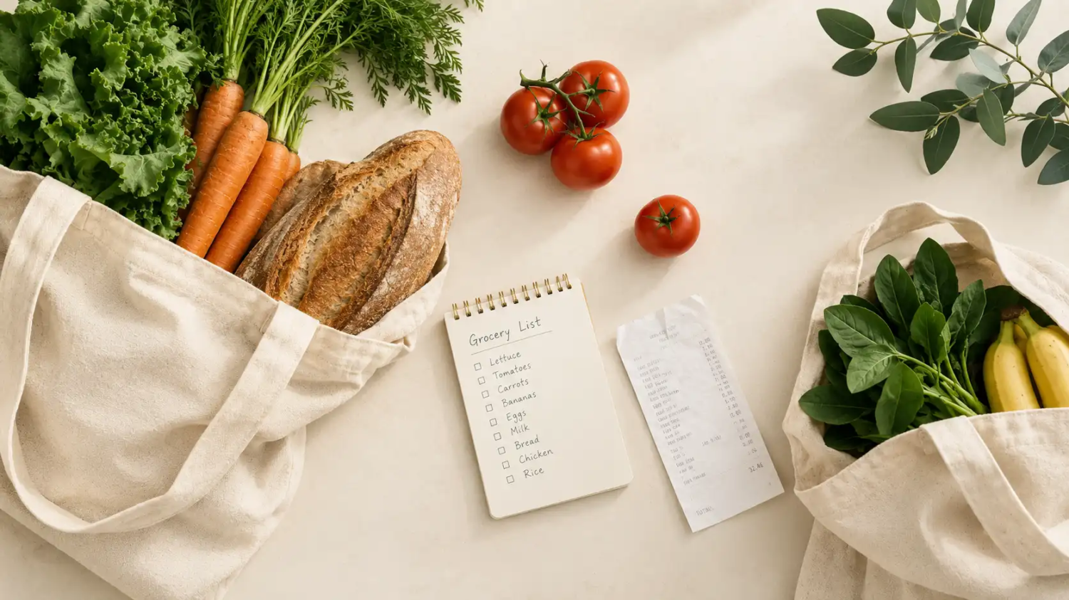 Reusable grocery bags filled with fresh produce and pantry staples on a kitchen counter