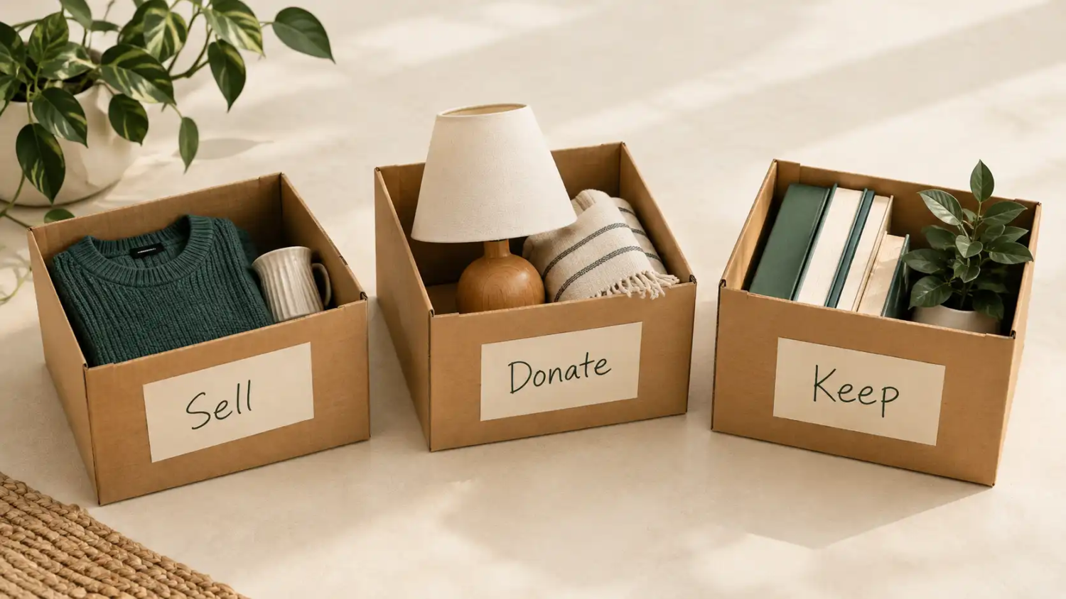 Cardboard boxes labeled sell, donate, and keep, with a few household items sorted beside them