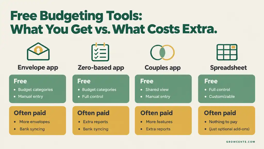 Comparison graphic showing what free budgeting tools include and what paid plans add, across envelope apps, zero-based apps, couples apps, and spreadsheets