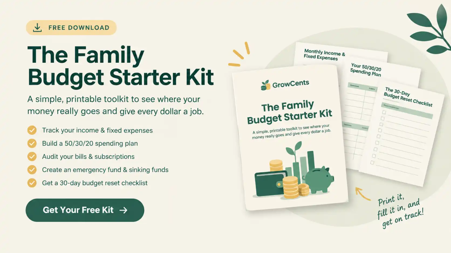 GrowCents Family Budget Starter Kit free printable budgeting toolkit