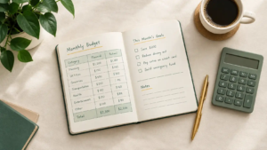 Household budget planner, calculator, and notebook laid out on a table