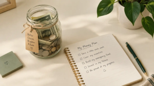 Glass jar of coins and cash next to a small notebook, representing a starter emergency fund