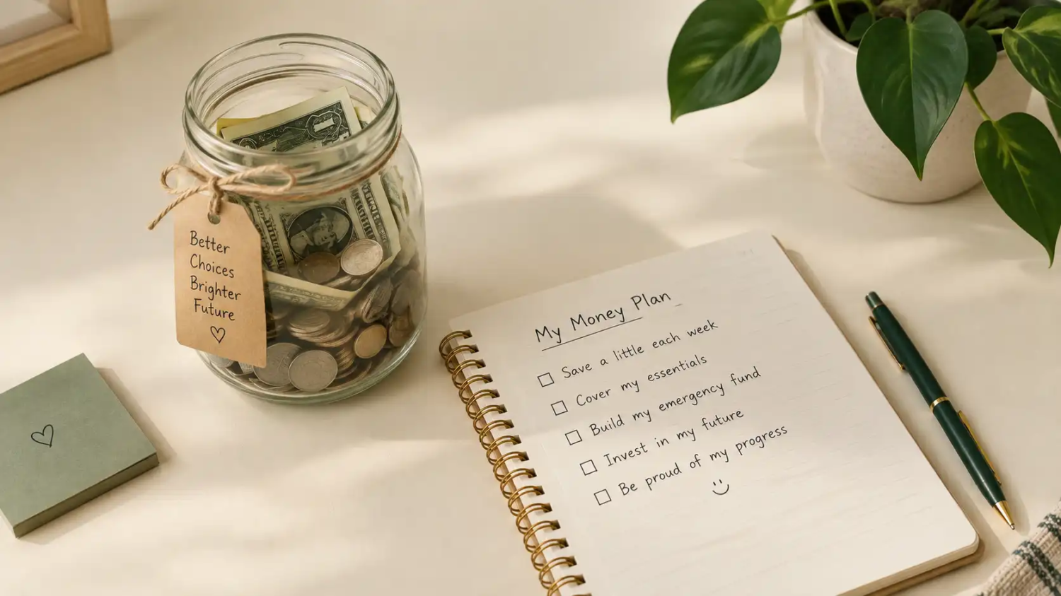 Glass jar of coins and cash next to a small notebook, representing a starter emergency fund