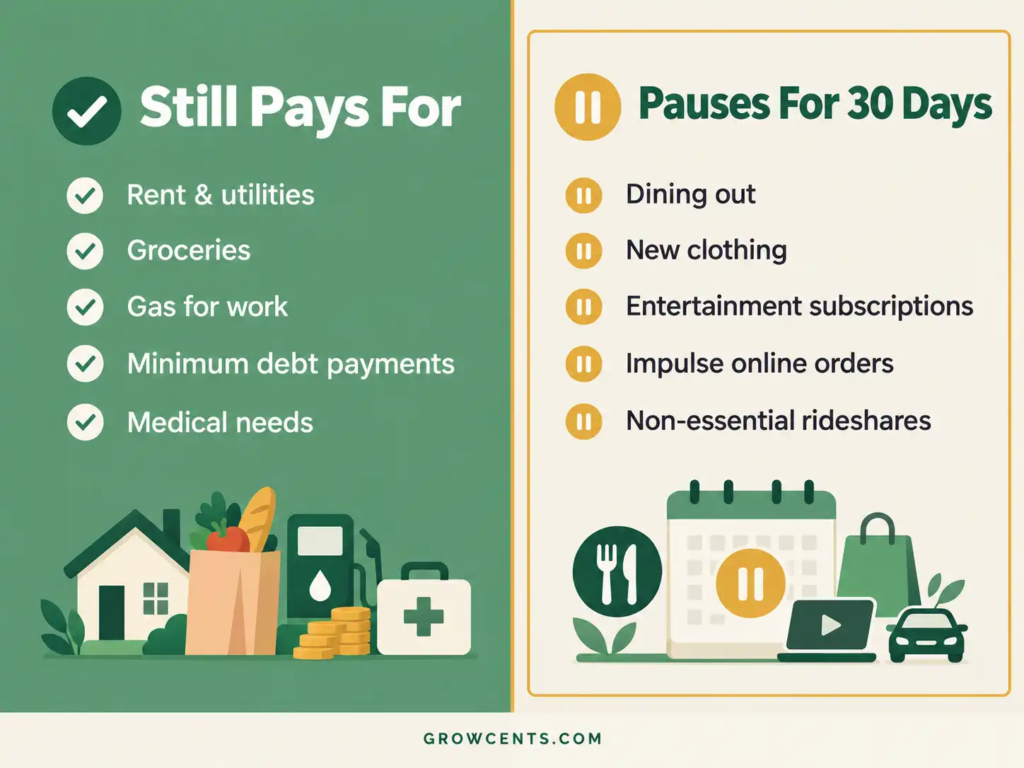 Split infographic comparing what is typically allowed and typically paused during a no-spend month