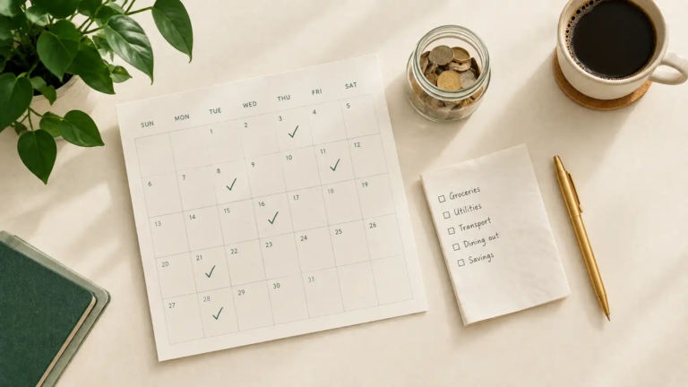 Wall calendar with several days marked with a simple checkmark, next to a small jar of coins