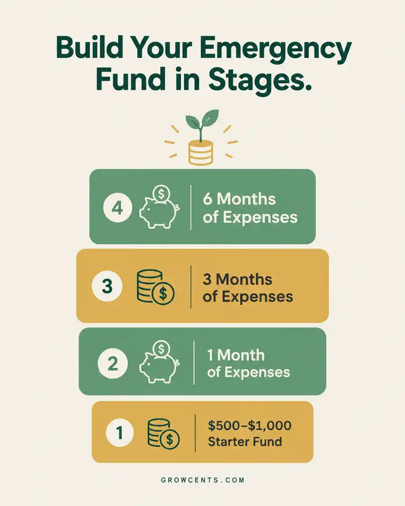 Infographic showing the four stages of building an emergency fund, from a $500 starter goal to six months of expenses
