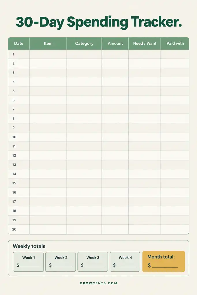 Printable 30-day spending tracker sheet with columns for date, item, category, amount, need or want, and paid with