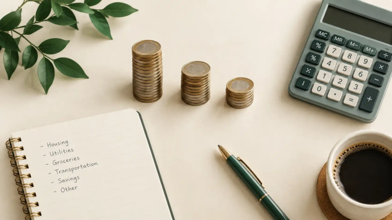 Three small stacks of coins of different heights next to a notebook and calculator on a desk