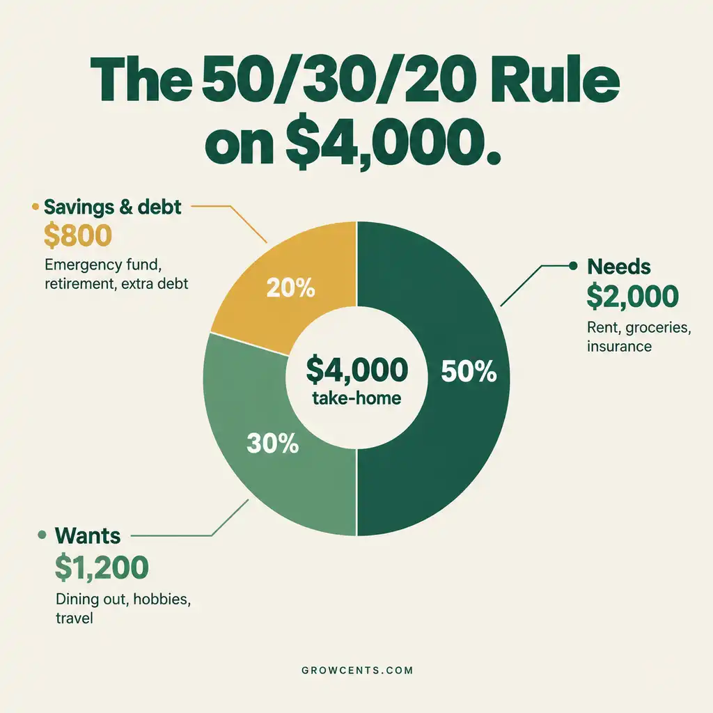 Donut chart showing a 4,000 dollar monthly income split into 50 percent needs, 30 percent wants, and 20 percent savings and debt