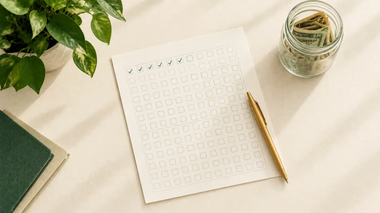 Printed weekly savings tracker with several boxes checked off next to a pen and a small jar of cash