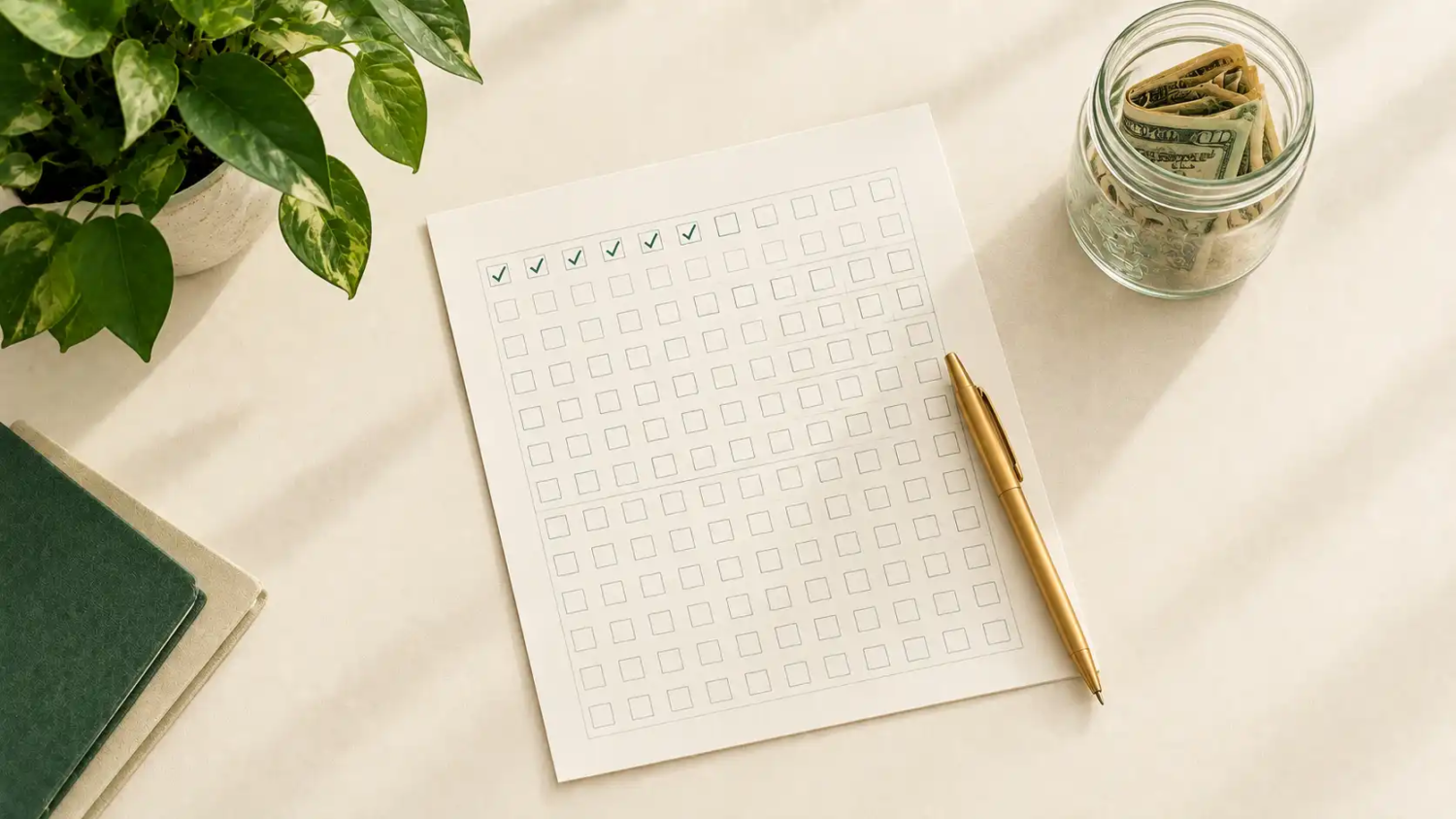 Printed weekly savings tracker with several boxes checked off next to a pen and a small jar of cash