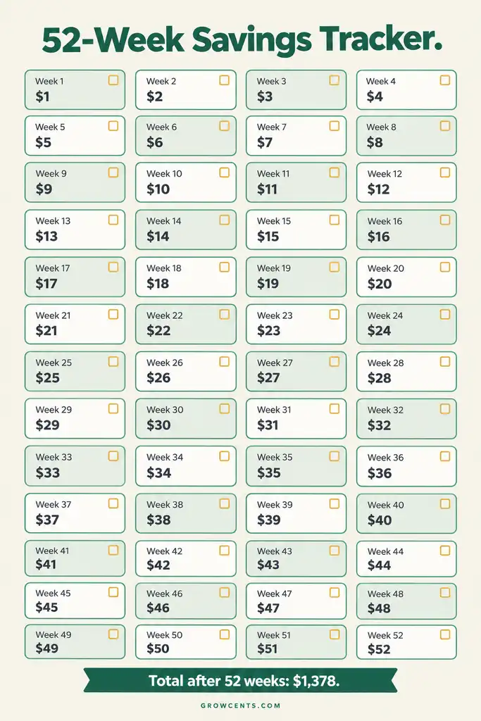 Printable 52-week savings tracker grid showing each week with its deposit amount from 1 dollar to 52 dollars