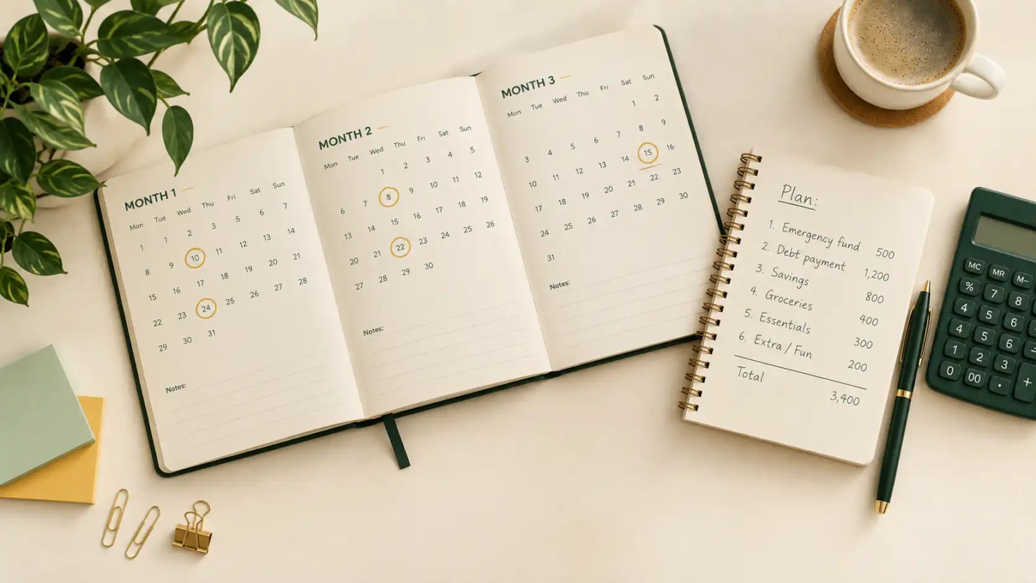 Desk calendar with a 90-day span marked, next to a notebook listing debts and a calculator