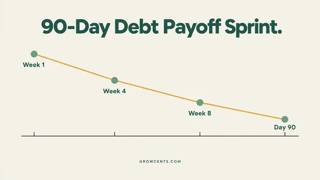 Infographic showing a declining debt balance line over a 90-day sprint with weekly check-in markers