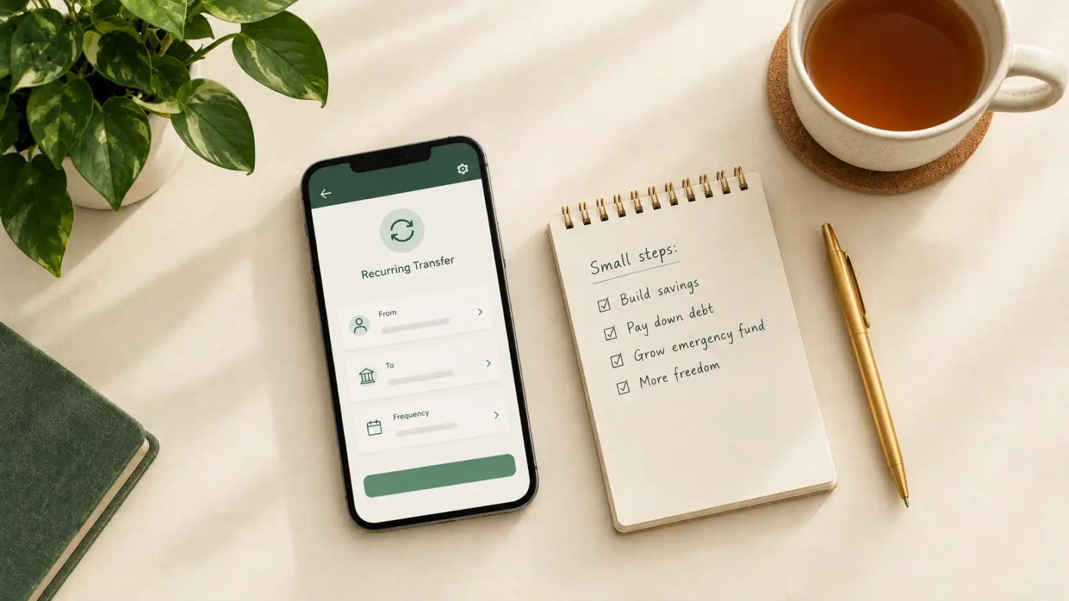 Smartphone showing a simple recurring transfer screen next to a small notebook and a cup of tea
