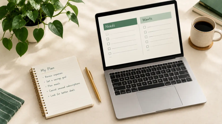 Laptop and notebook showing a simple assets and liabilities list on a desk