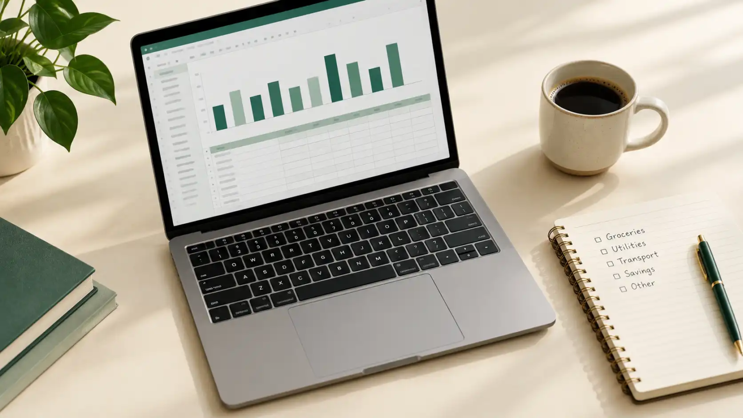 Desk with a laptop, a notebook showing monthly income entries of different sizes, and a cup of coffee