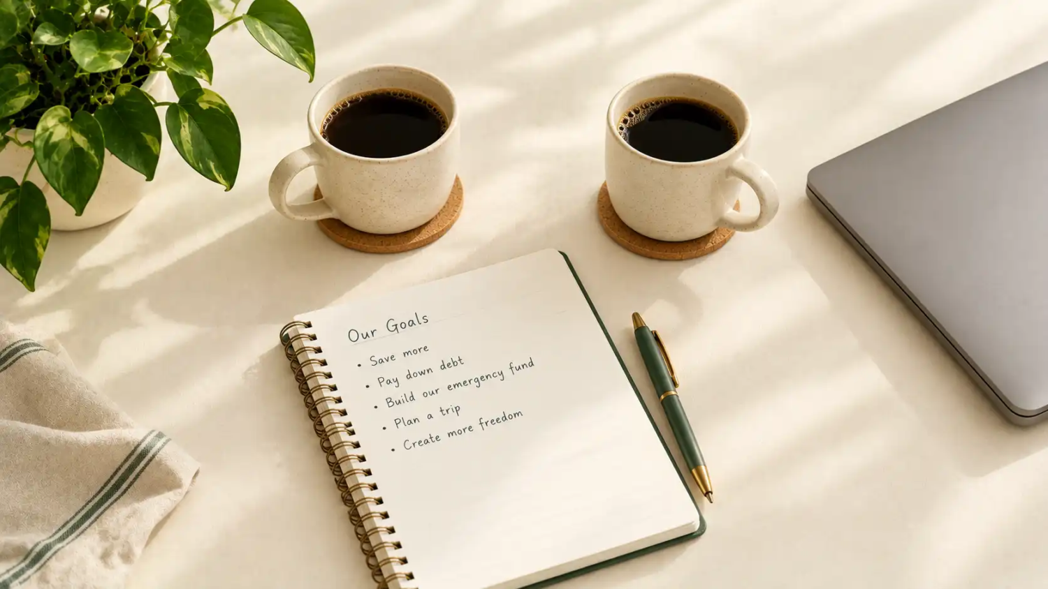 Two coffee cups, a notebook, and a laptop on a shared kitchen table, set up for a money planning session