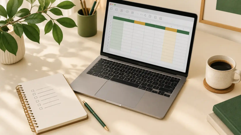 Laptop displaying a simple spreadsheet with colored columns, next to a notebook and coffee cup