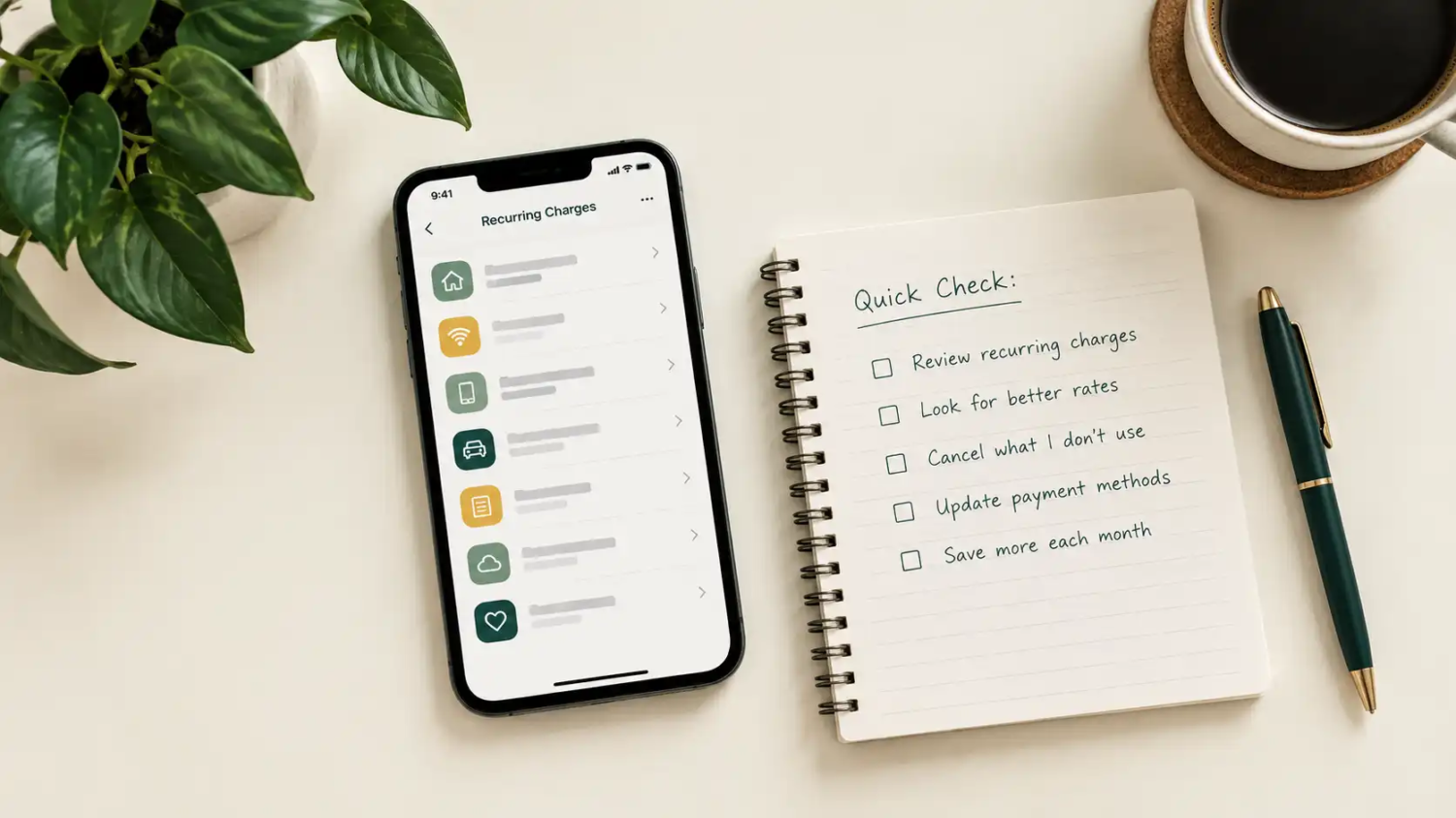 Smartphone showing a simple list of recurring charges next to a notebook and pen on a desk