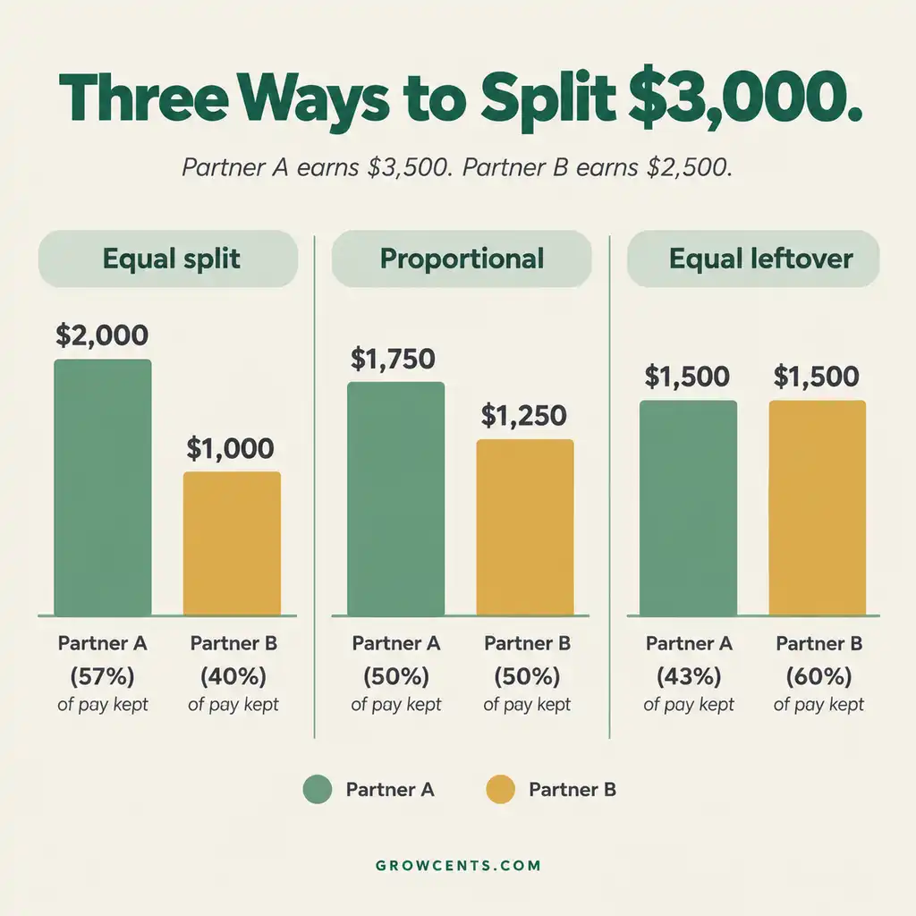 Bar chart comparing how much each partner keeps after shared bills under equal split, proportional split, and equal leftover methods