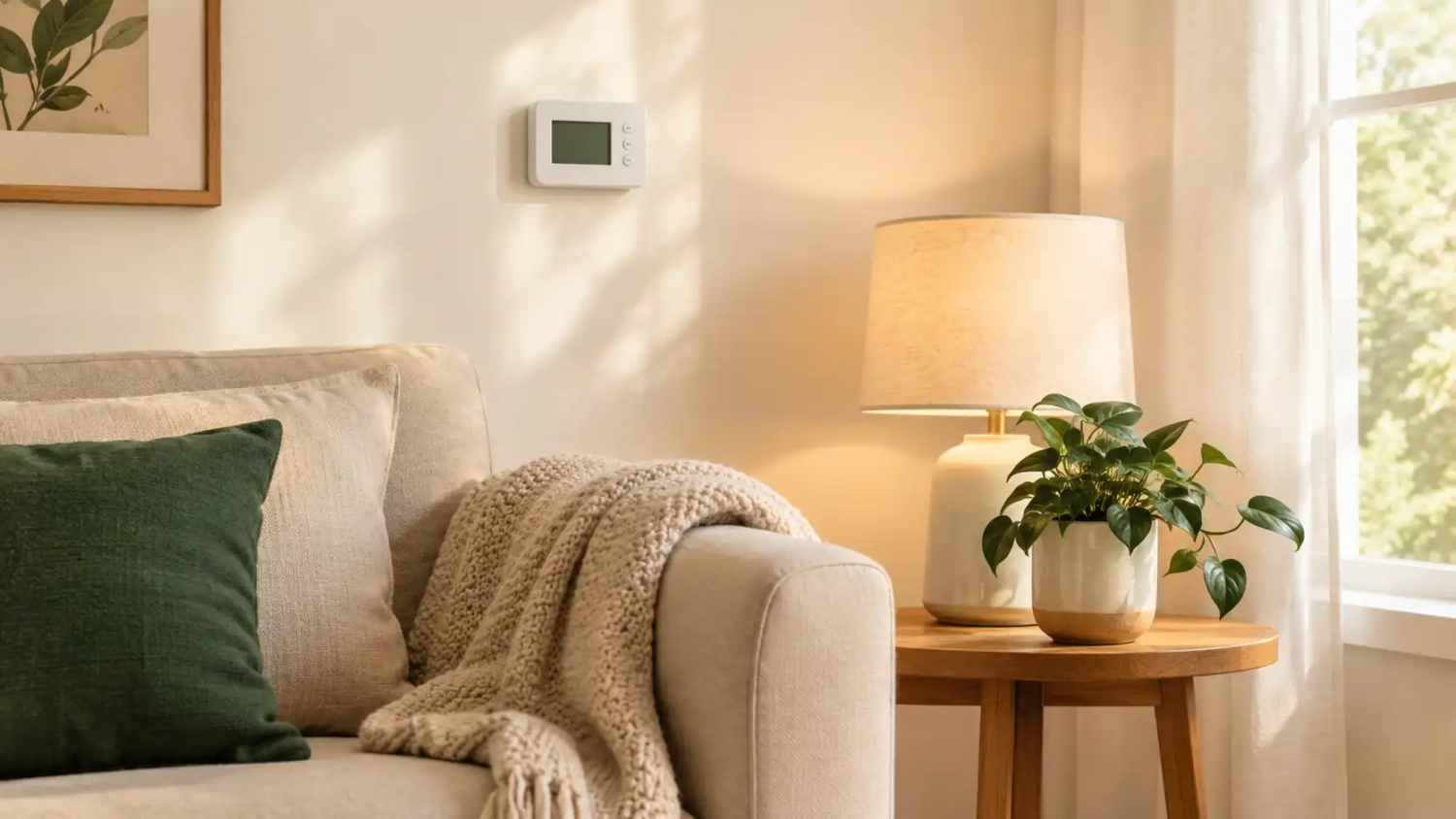 Cozy living room with a wall thermostat, a warm lamp, and a folded blanket on a sofa