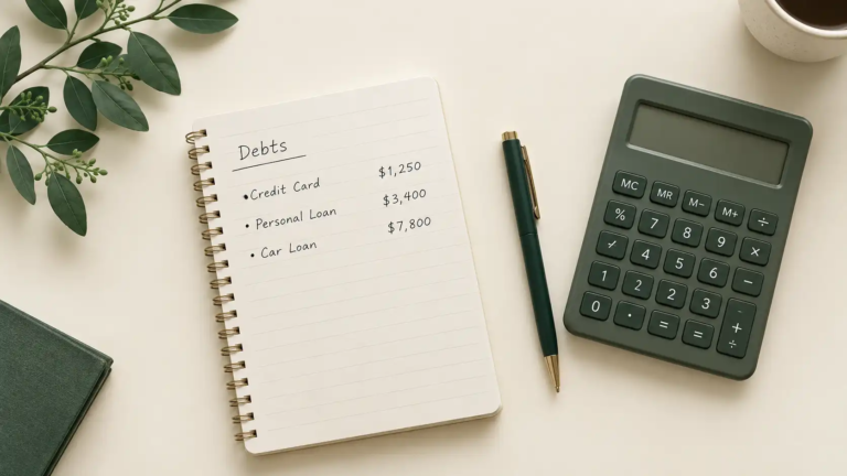 Notebook listing several debts with balances, next to a calculator and pen