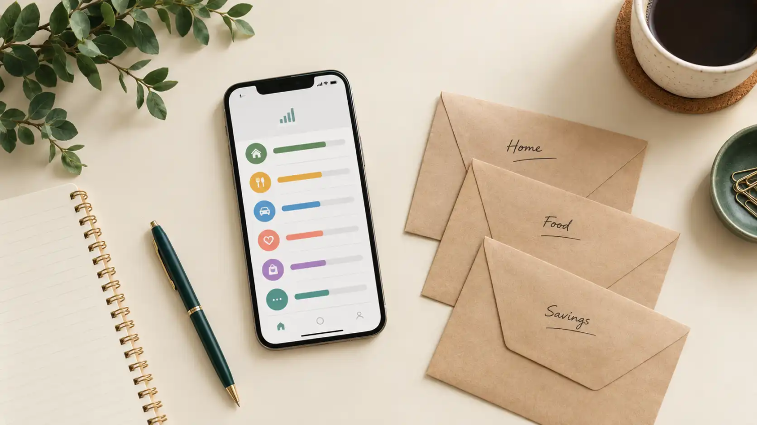 Smartphone showing a simple budget category screen next to a few empty paper envelopes