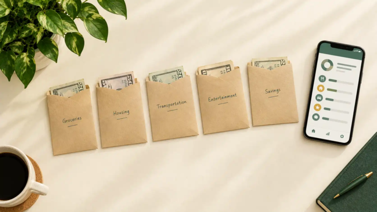 Row of labeled paper envelopes with cash tucked inside next to a smartphone on a table