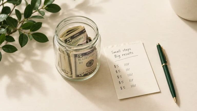 Glass jar filled with five dollar bills on a kitchen counter