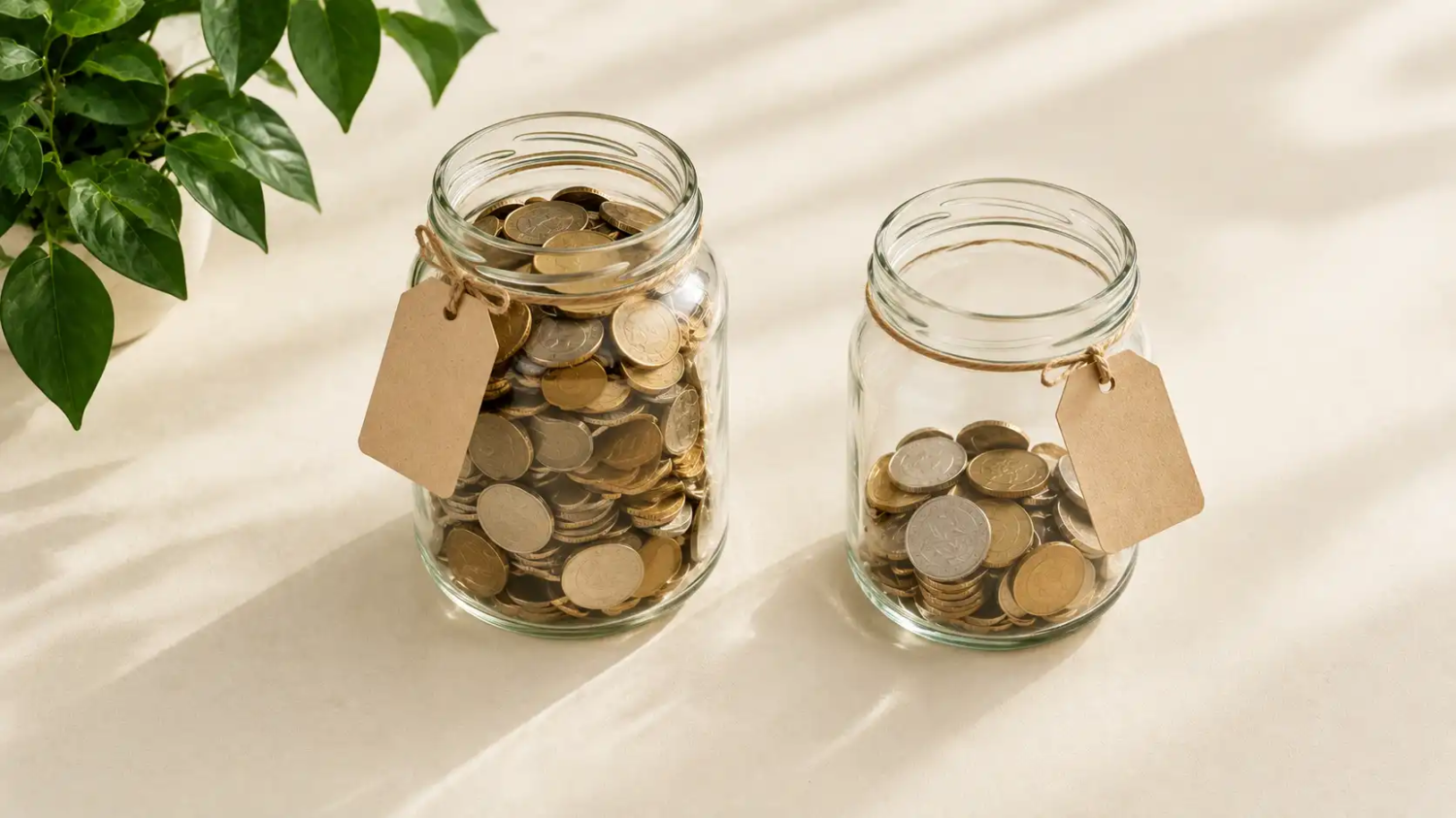Two small glass jars with coins, one slightly fuller than the other, on a kitchen counter