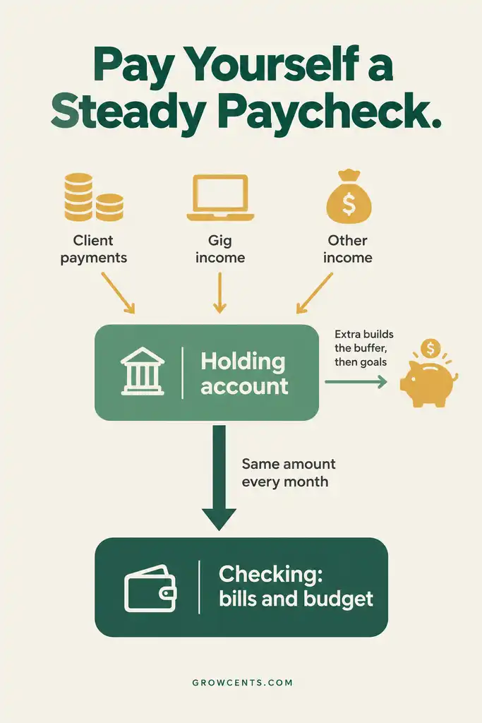 Flow diagram showing uneven income deposited into a holding account and a fixed monthly amount paid out to checking