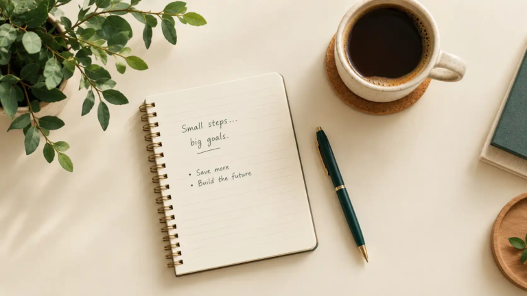 Notebook with a simple savings progress line next to a cup of coffee on a desk