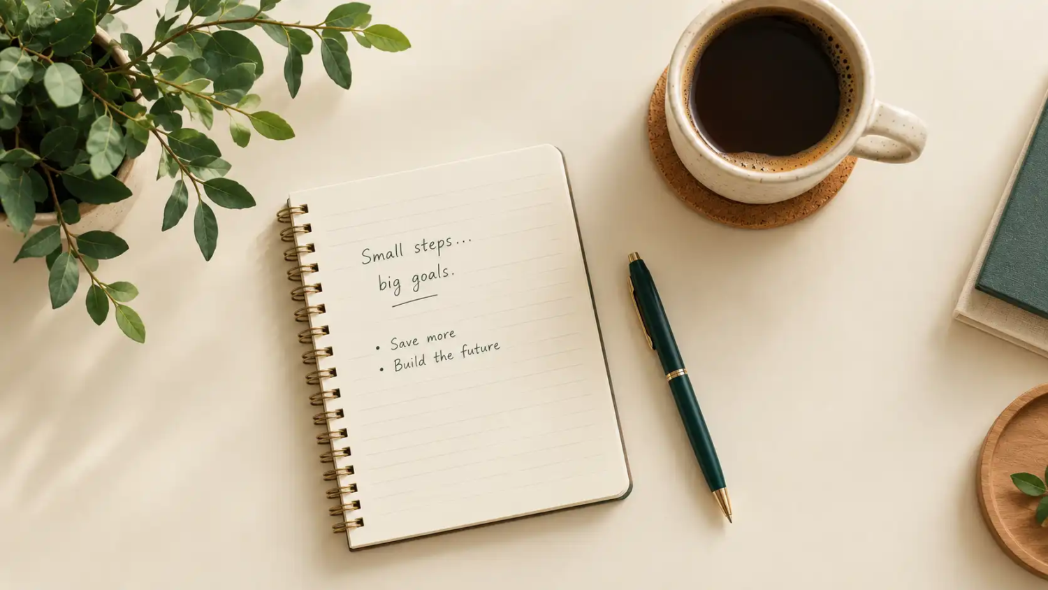 Notebook with a simple savings progress line next to a cup of coffee on a desk