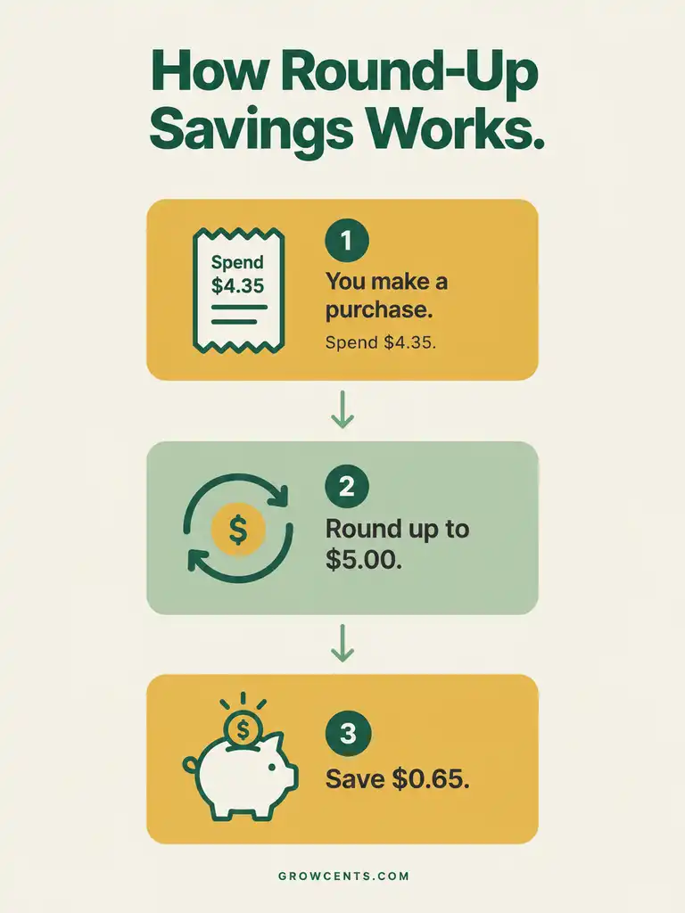  Three-step infographic showing how a purchase is rounded up to the nearest dollar and the difference is saved