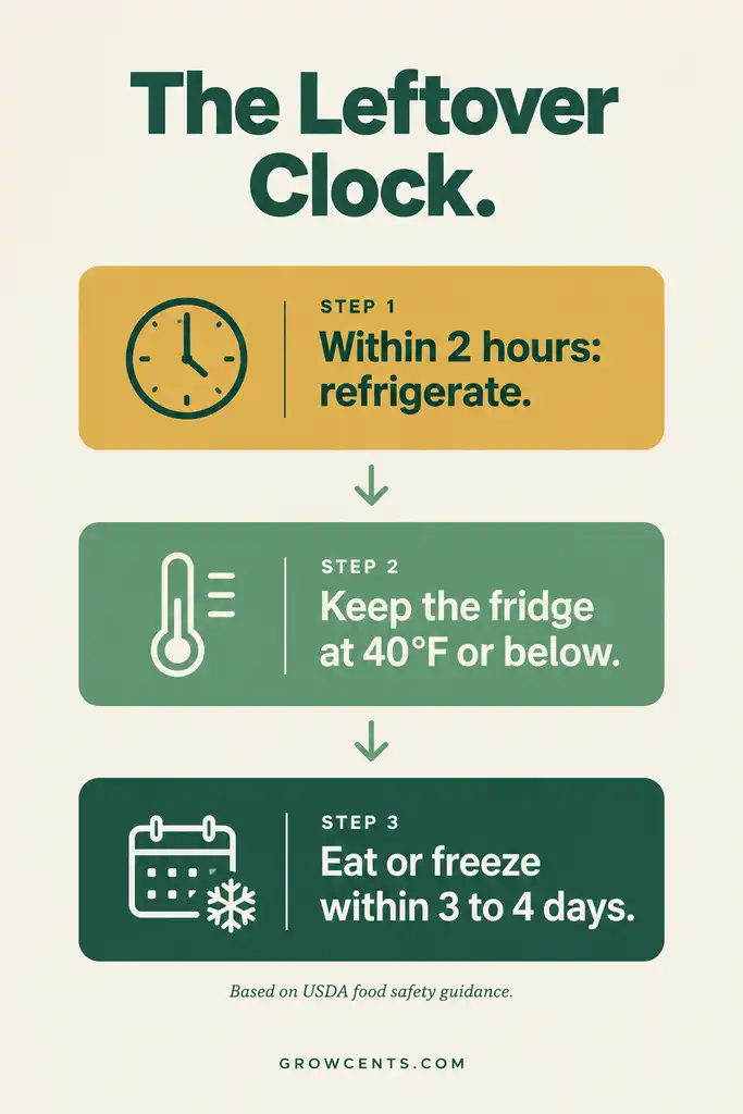 Infographic showing the leftover safety rules: refrigerate within two hours, keep the refrigerator at 40 degrees or below, and eat or freeze within three to four days