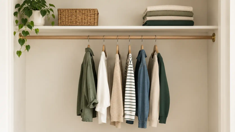Tidy, half-empty closet with a few neatly hung clothing items and open space on the rail