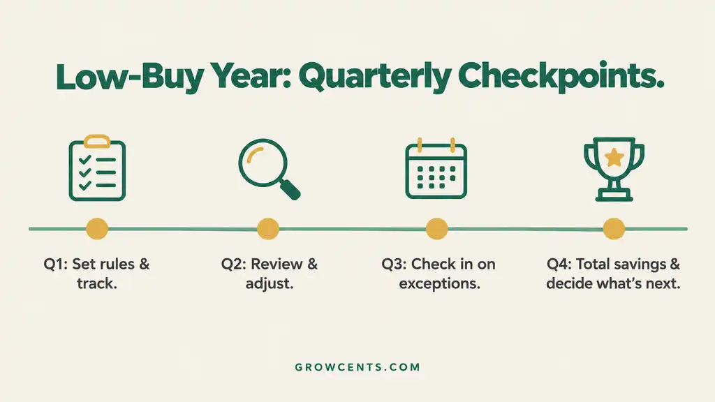  Timeline infographic showing four quarterly checkpoints for a low-buy year challenge