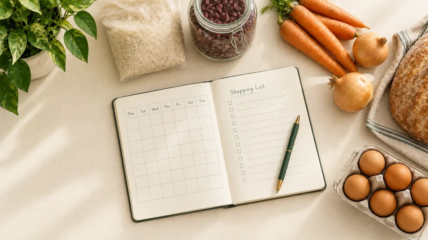 Weekly meal plan notebook beside a shopping list, fresh vegetables, rice, and dried beans on a kitchen counter