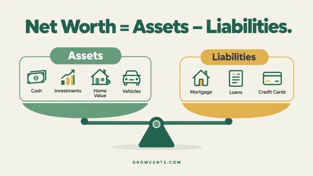 nfographic showing the net worth formula as assets minus liabilities with example categories on each side