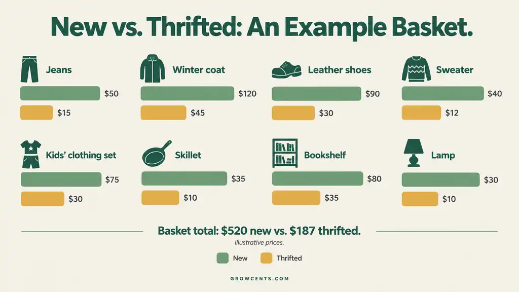 Paired horizontal bars comparing illustrative new and thrifted prices for eight household and clothing items, totaling 520 and 187 dollars