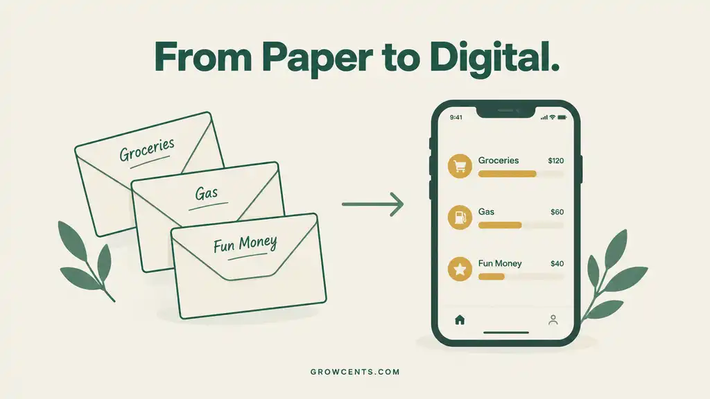 Infographic showing the transition from physical cash envelopes to a digital envelope balance on a phone screen