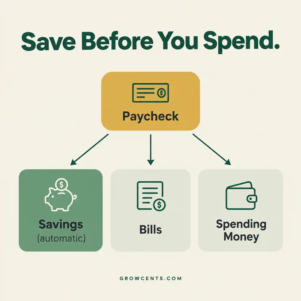 Infographic showing a paycheck splitting into three automatic paths: bills, spending money, and savings