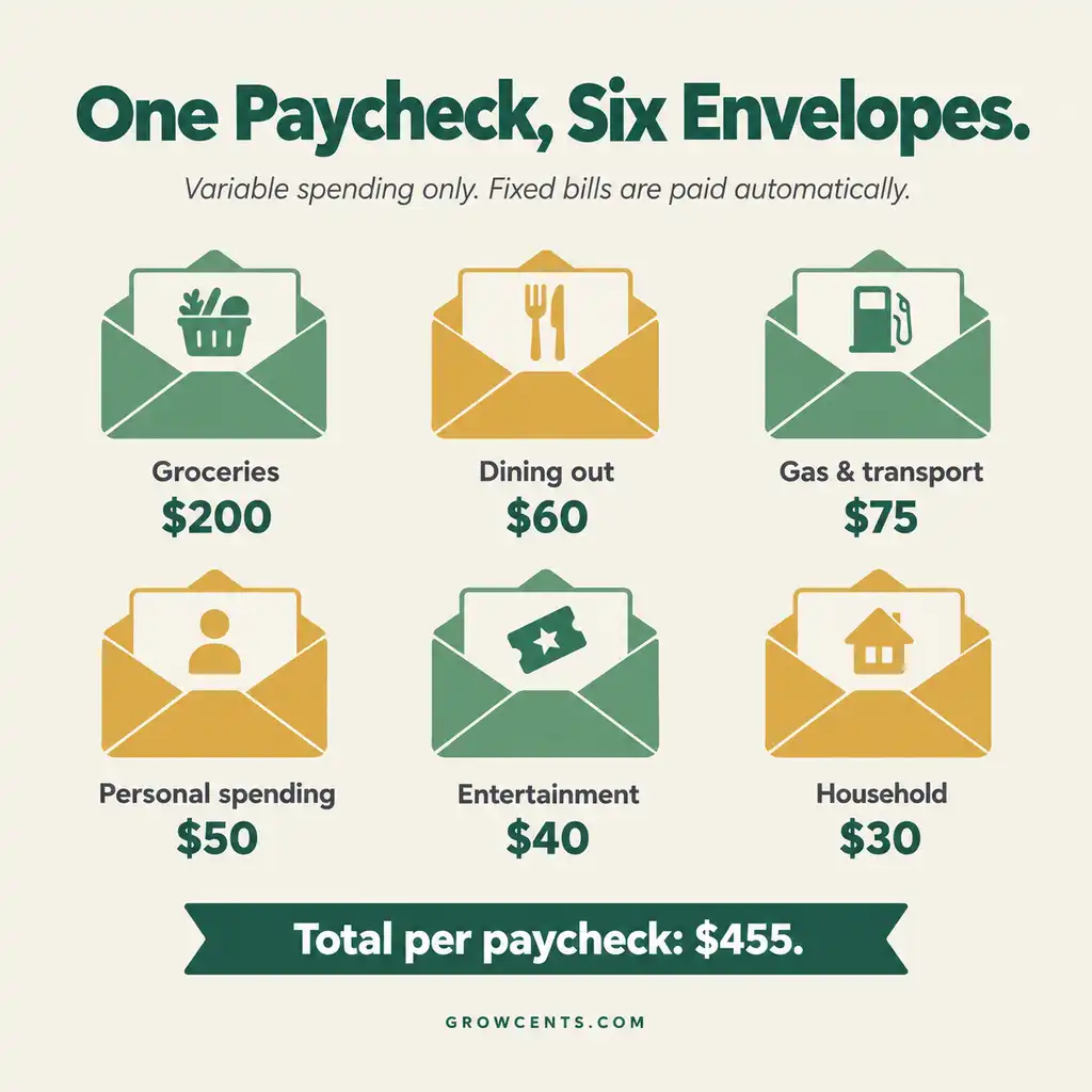 nfographic showing a paycheck split into six envelopes for groceries, dining out, gas, personal spending, entertainment, and household supplies, with per-paycheck amounts