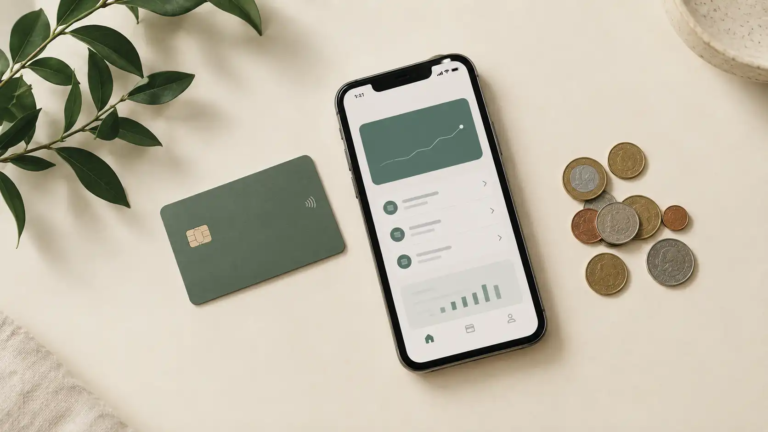 Debit card and smartphone next to a small pile of loose coins on a counter