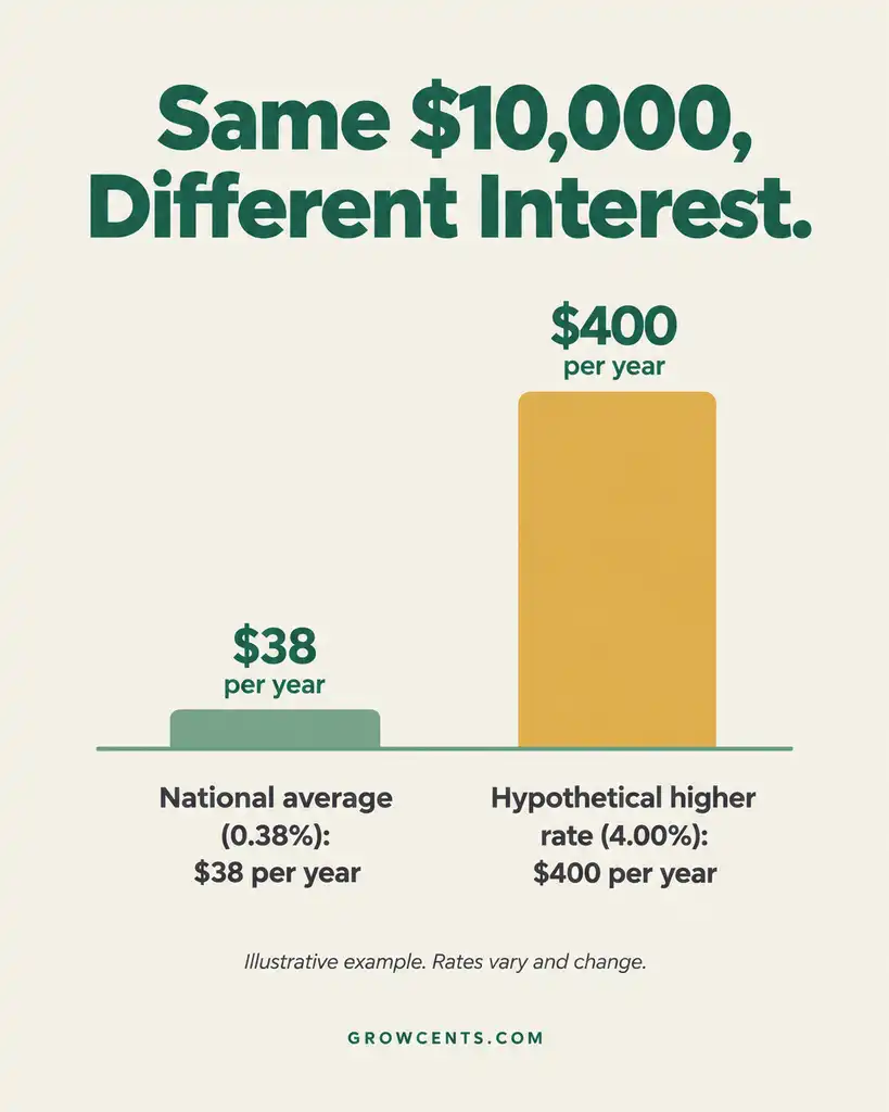Infographic comparing one year of interest on $10,000 at the national average savings rate versus a hypothetical higher rate
